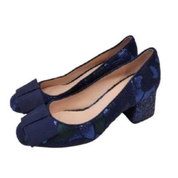 J. Crew | CELIA Jacquard Bow Glitter Block-heel pump Heels Shoes Blue - Picture 1 of 10